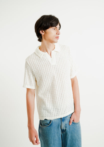White Textured Knit Open Collar Polo