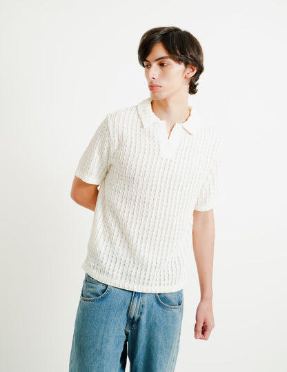 White Textured Knit Open Collar Polo
