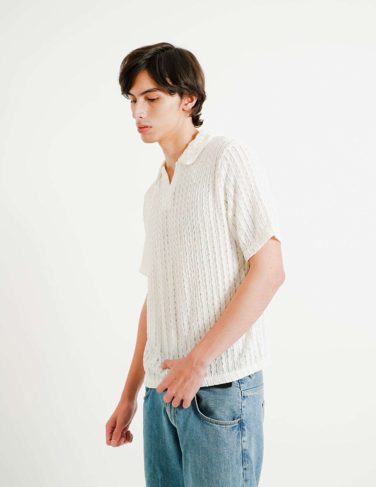 White Textured Knit Open Collar Polo