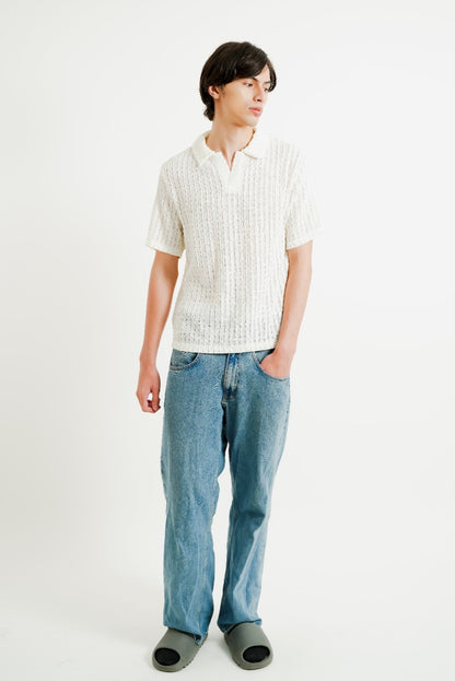 White Textured Knit Open Collar Polo