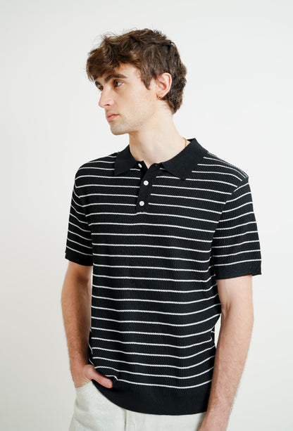 Black Knit Stripe Polo