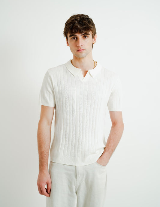 White Ribbed Knit Polo