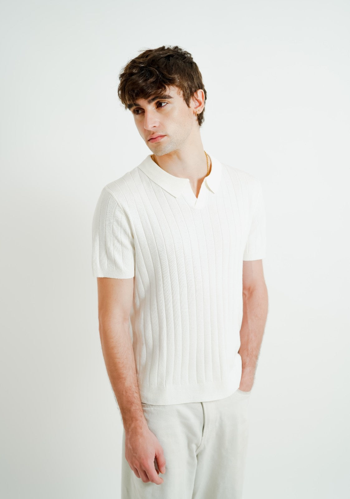 White Ribbed Knit Polo