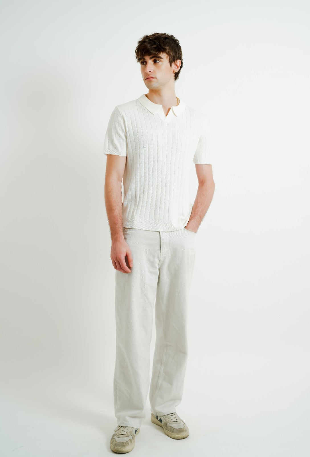 White Ribbed Knit Polo