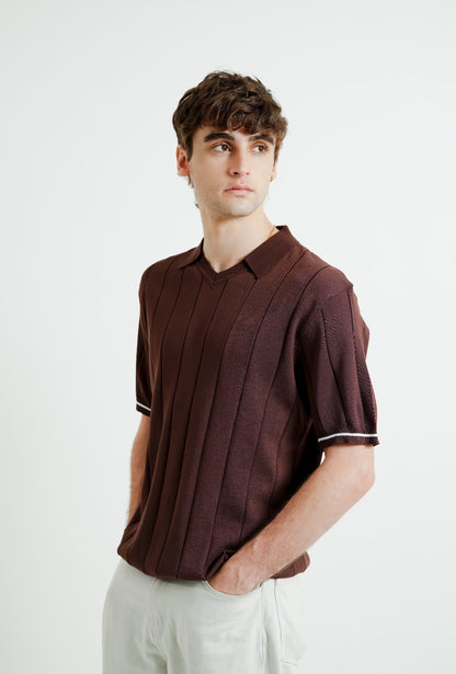 Brown Ribbed Knit Polo