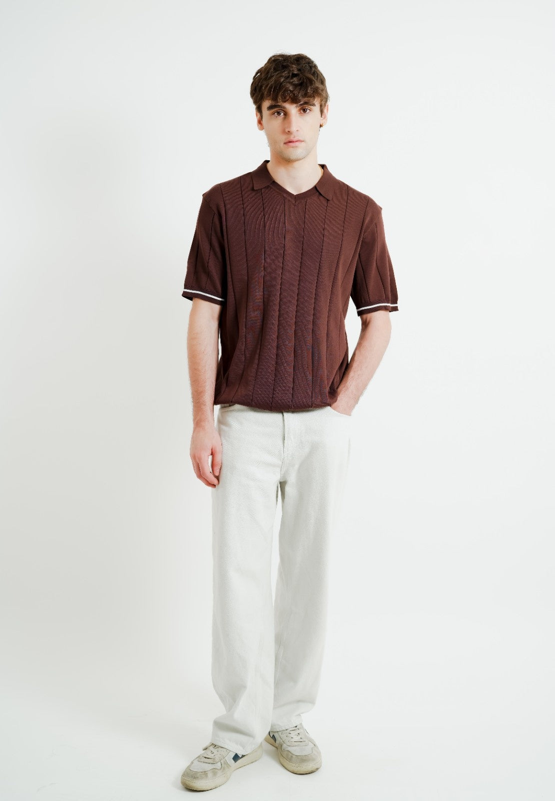 Brown Ribbed Knit Polo
