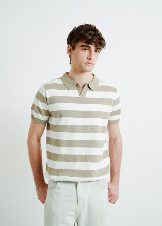 Beige & White Bold Stripe Polo