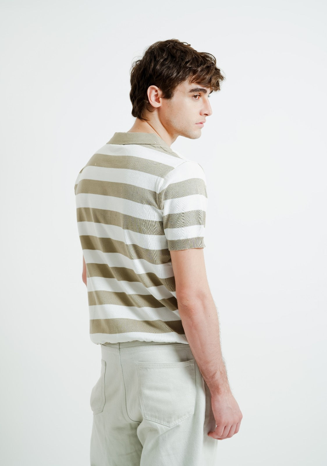 Beige & White Bold Stripe Polo