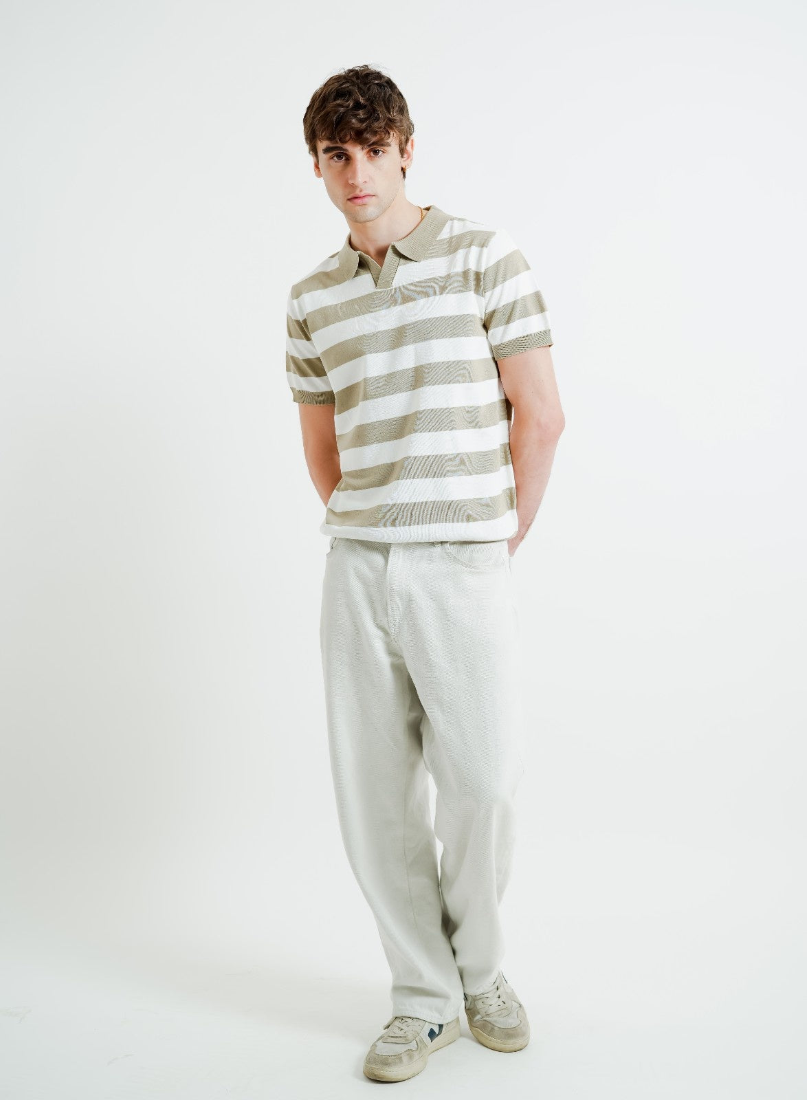 Beige & White Bold Stripe Polo