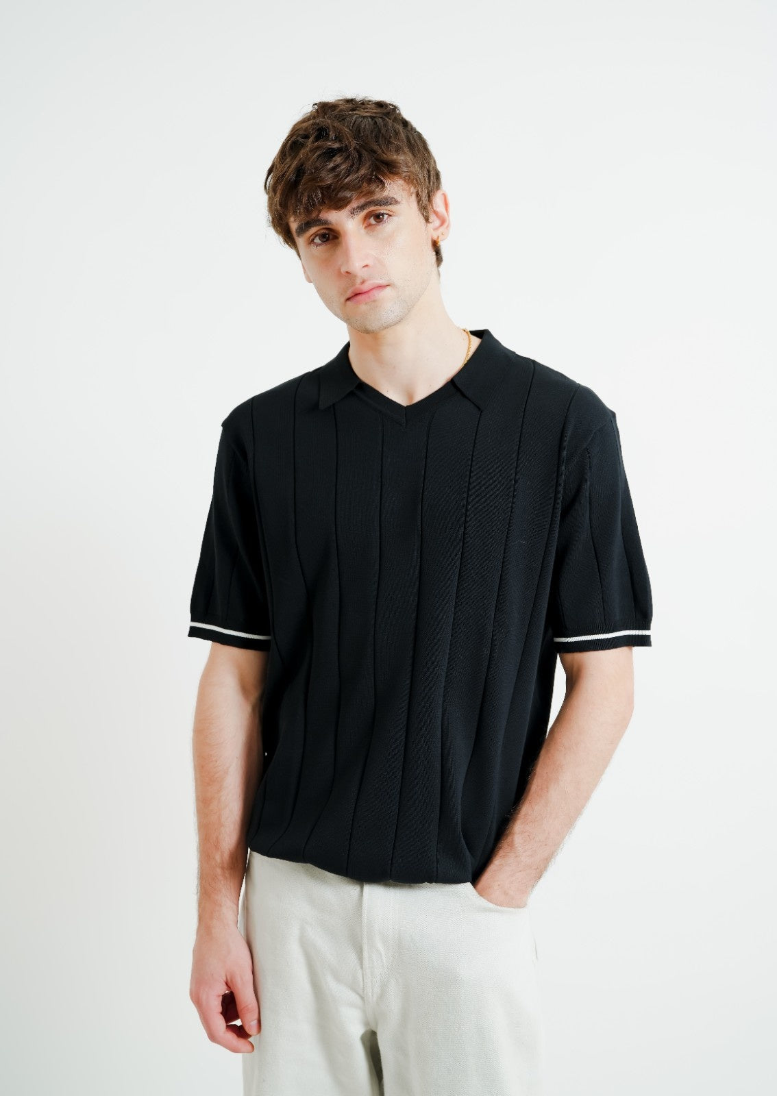 Black Ribbed Knit Polo