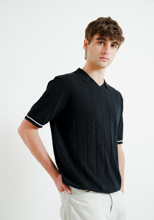 Black Ribbed Knit Polo