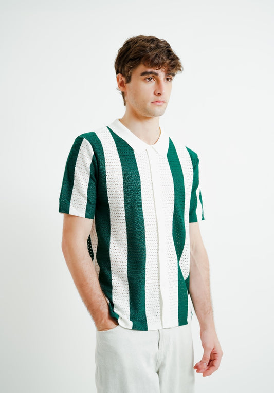 Green & White Vertical Stripe Crochet Polo