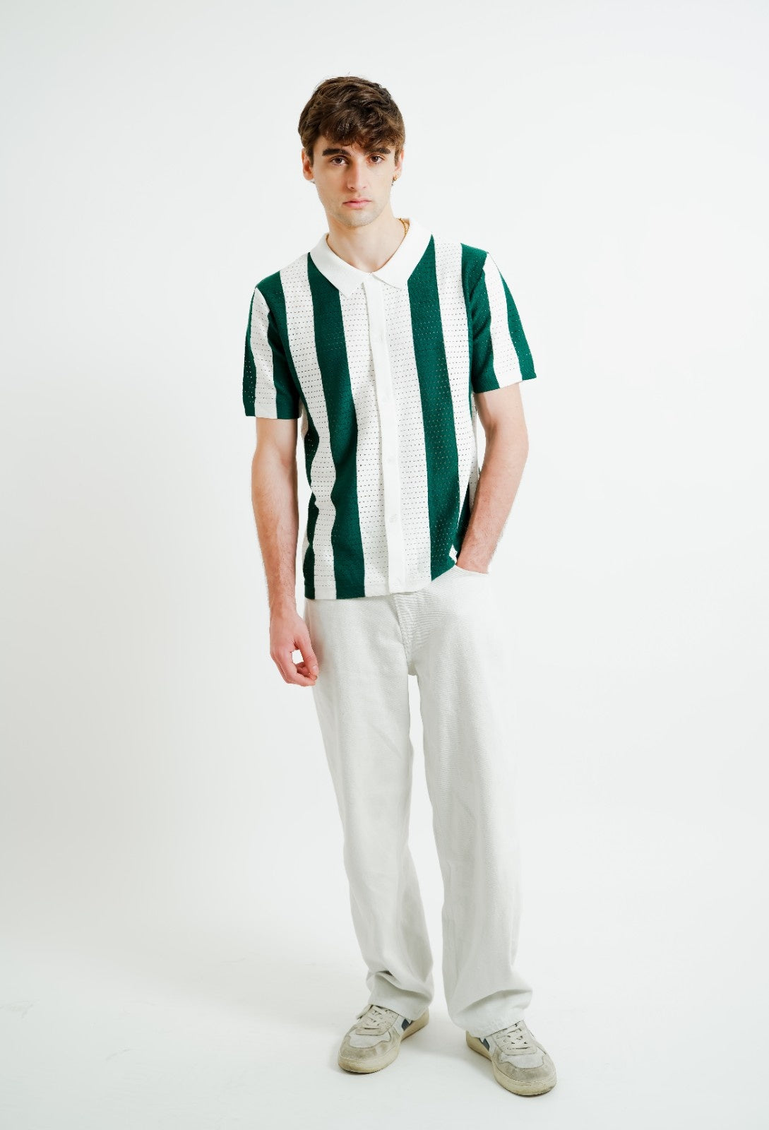 Green & White Vertical Stripe Crochet Polo