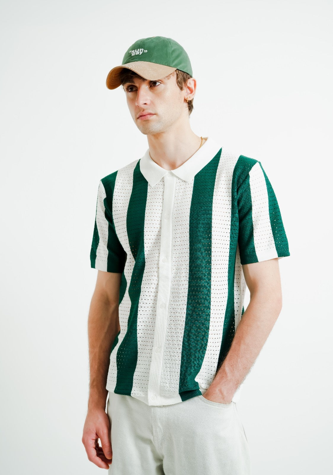 Green & White Vertical Stripe Crochet Polo