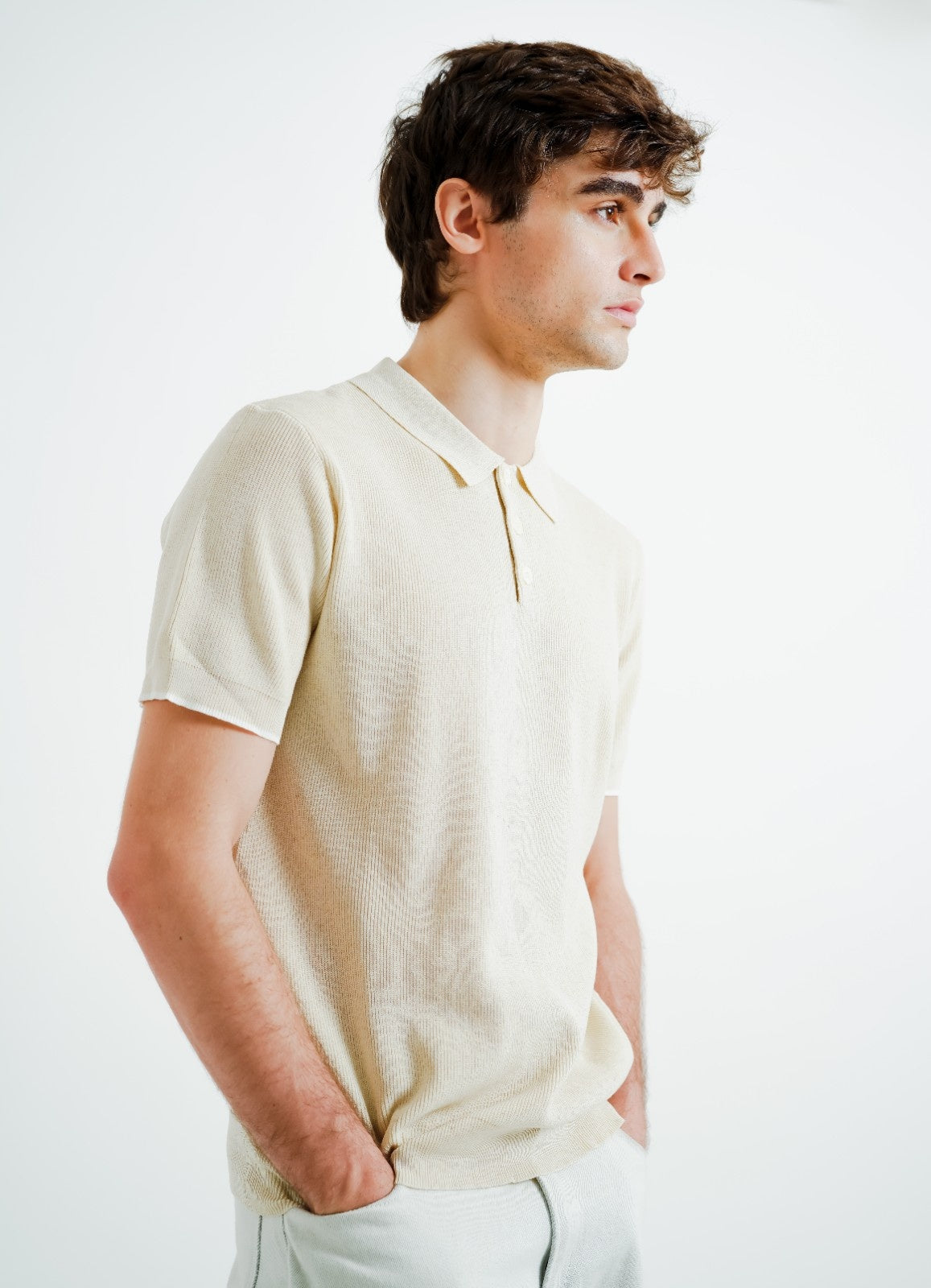 Beige Knit Button Polo