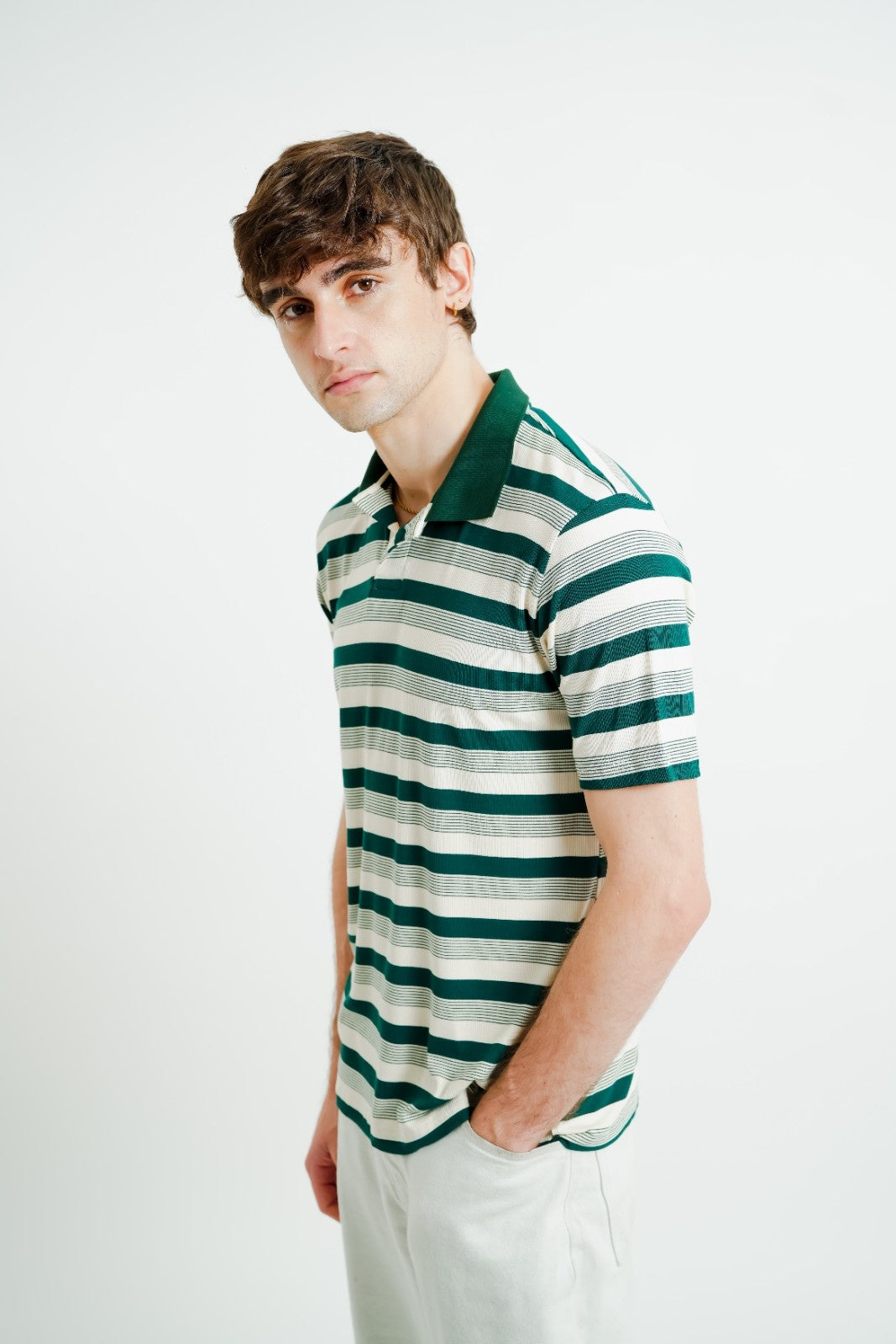 Green & White Contrast Collar Stripe Polo