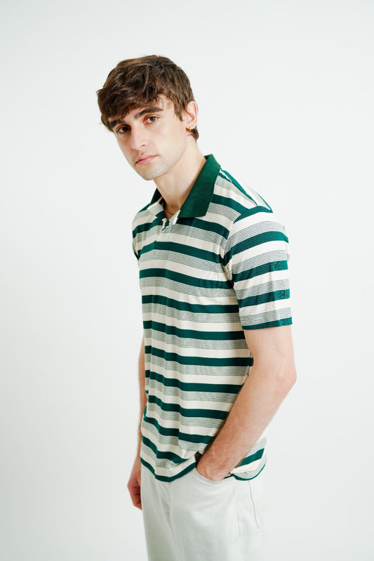Green & White Contrast Collar Stripe Polo