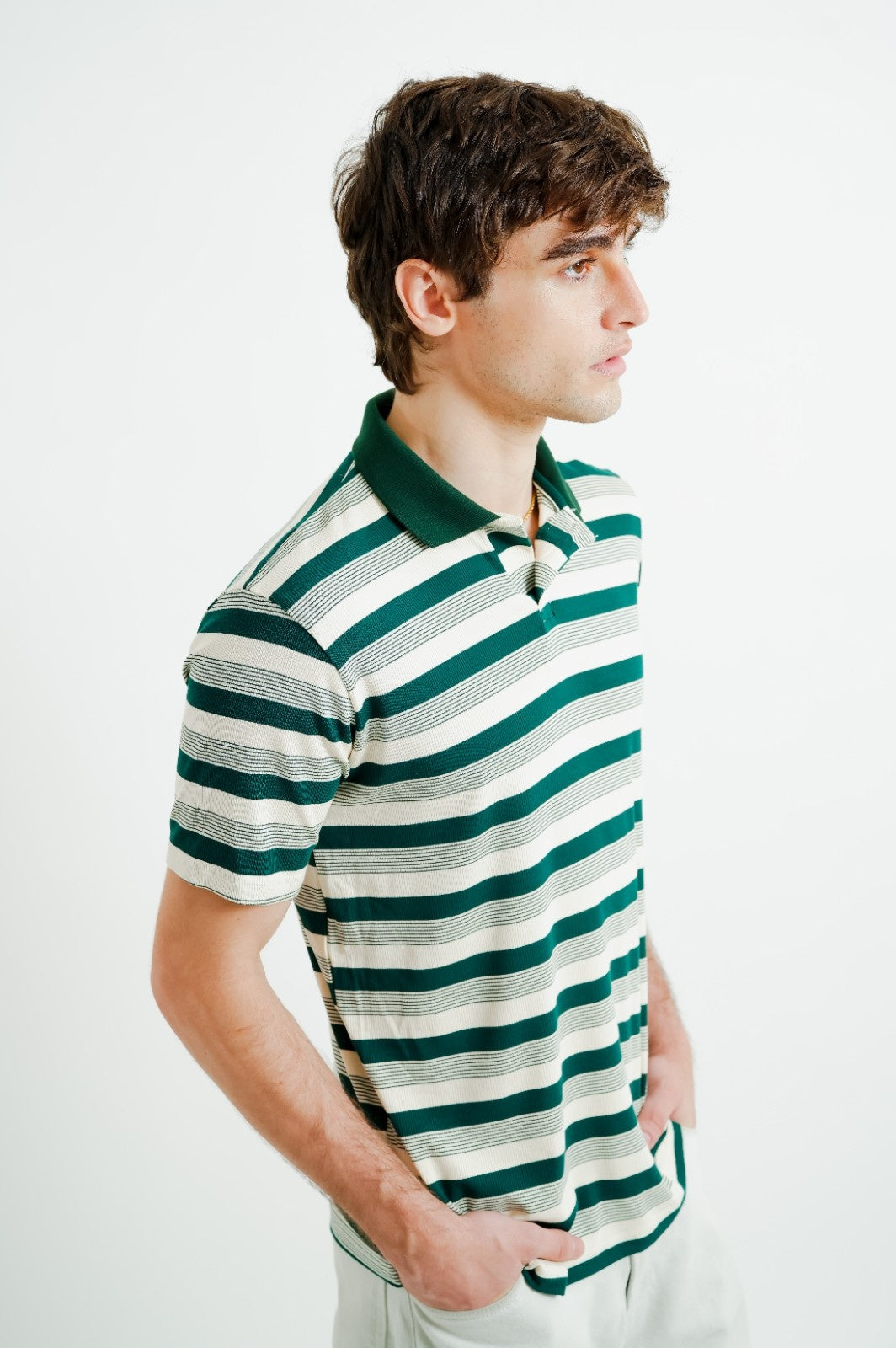 Green & White Contrast Collar Stripe Polo