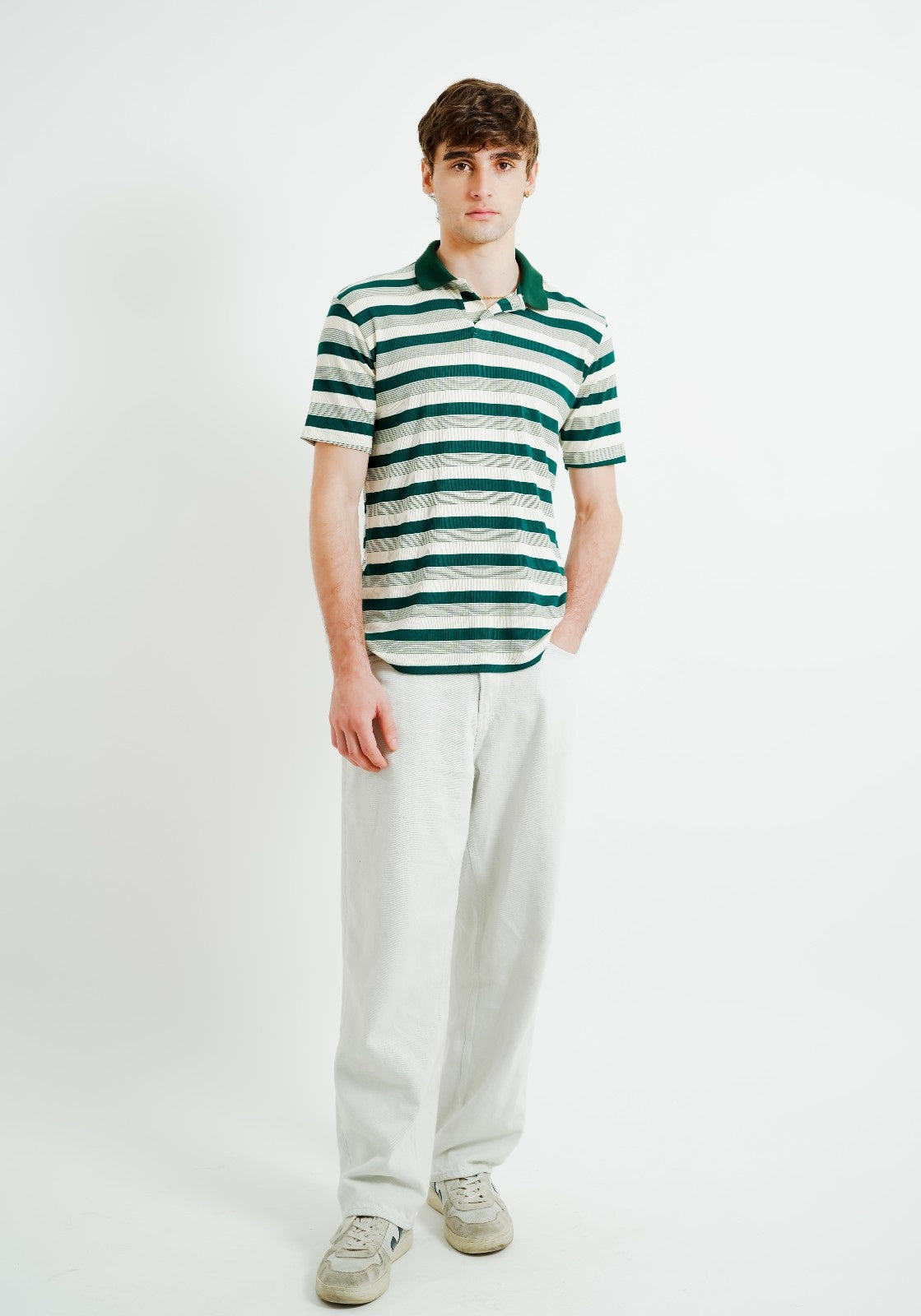 Green & White Contrast Collar Stripe Polo