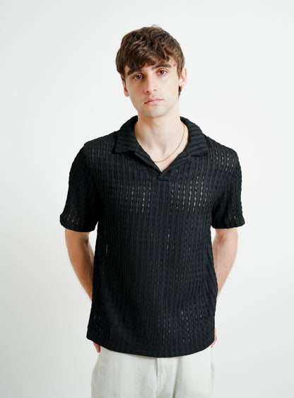 Black Textured Knit Open Collar Polo