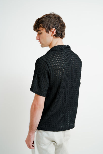 Black Textured Knit Open Collar Polo