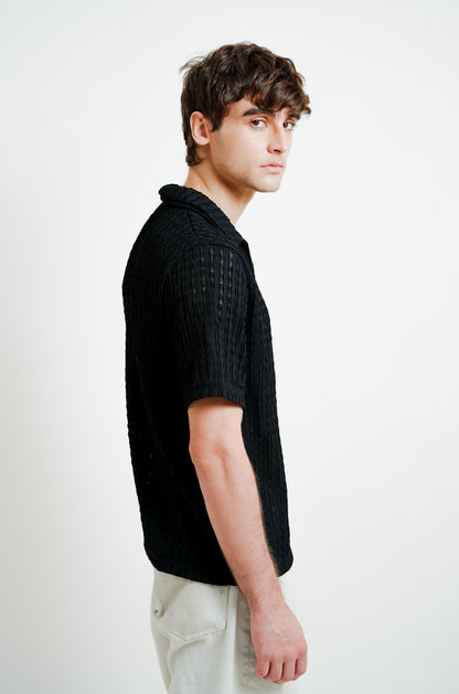 Black Textured Knit Open Collar Polo