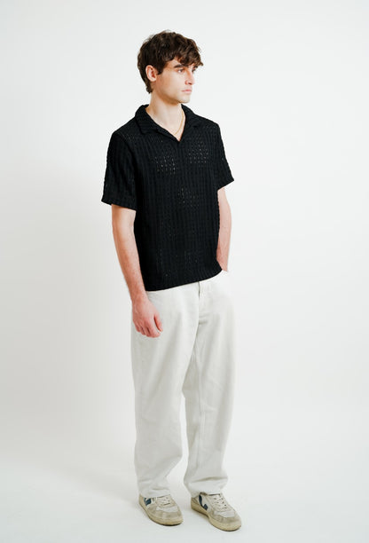 Black Textured Knit Open Collar Polo