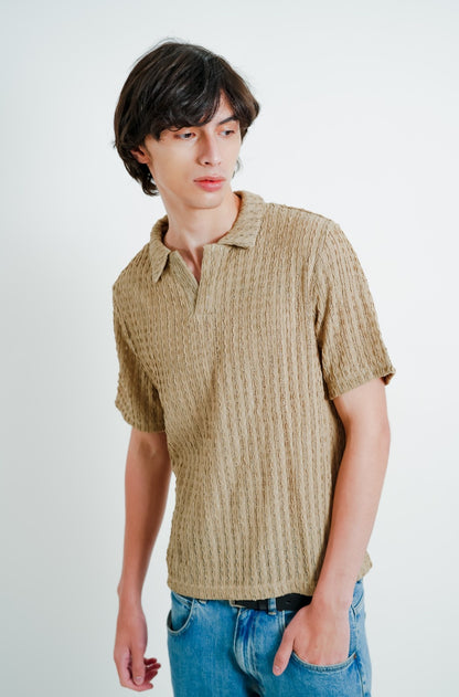 Beige Textured Knit Open Collar Polo