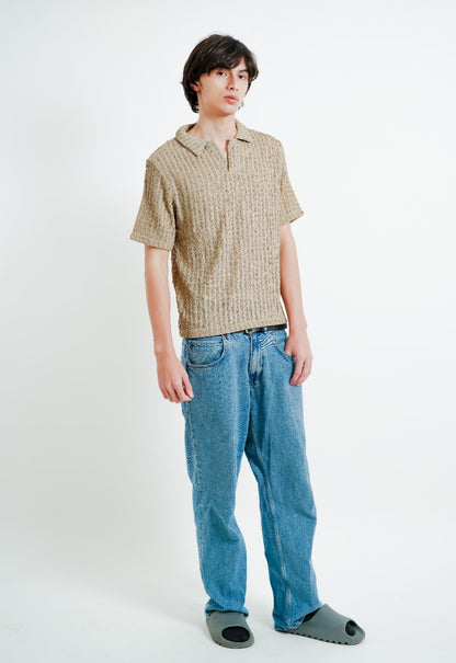 Beige Textured Knit Open Collar Polo