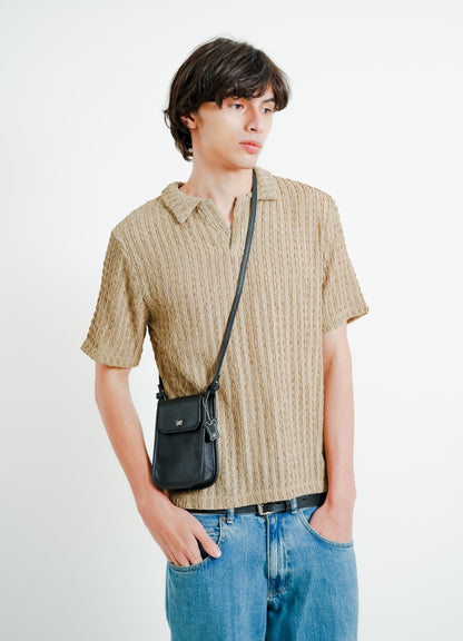 Beige Textured Knit Open Collar Polo