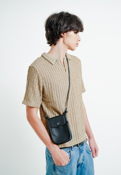 Beige Textured Knit Open Collar Polo