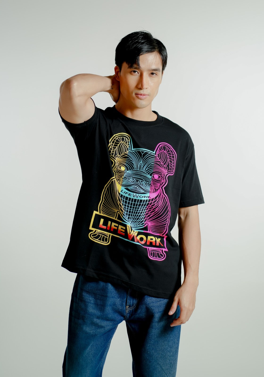 Black Lifework-Inspired Neon Bulldog Tee