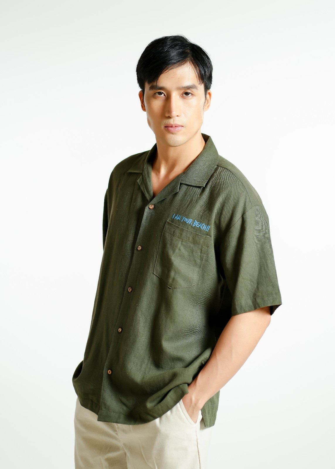 Olive Green On The Beach Open-Collar Polo
