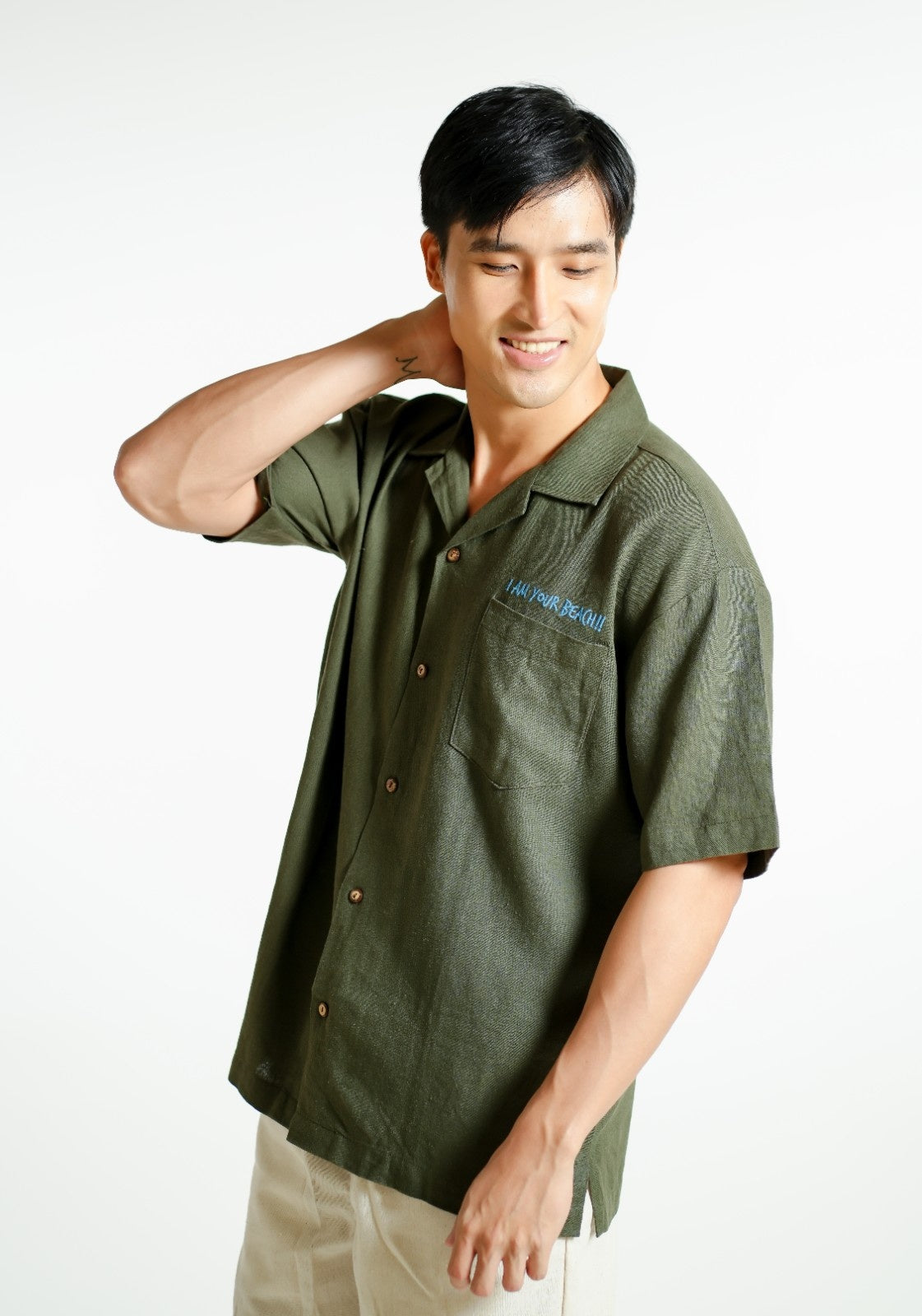 Olive Green On The Beach Open-Collar Polo