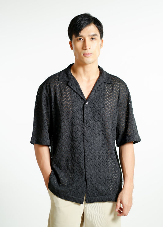 Black Textured Knit Open-Collar Polo