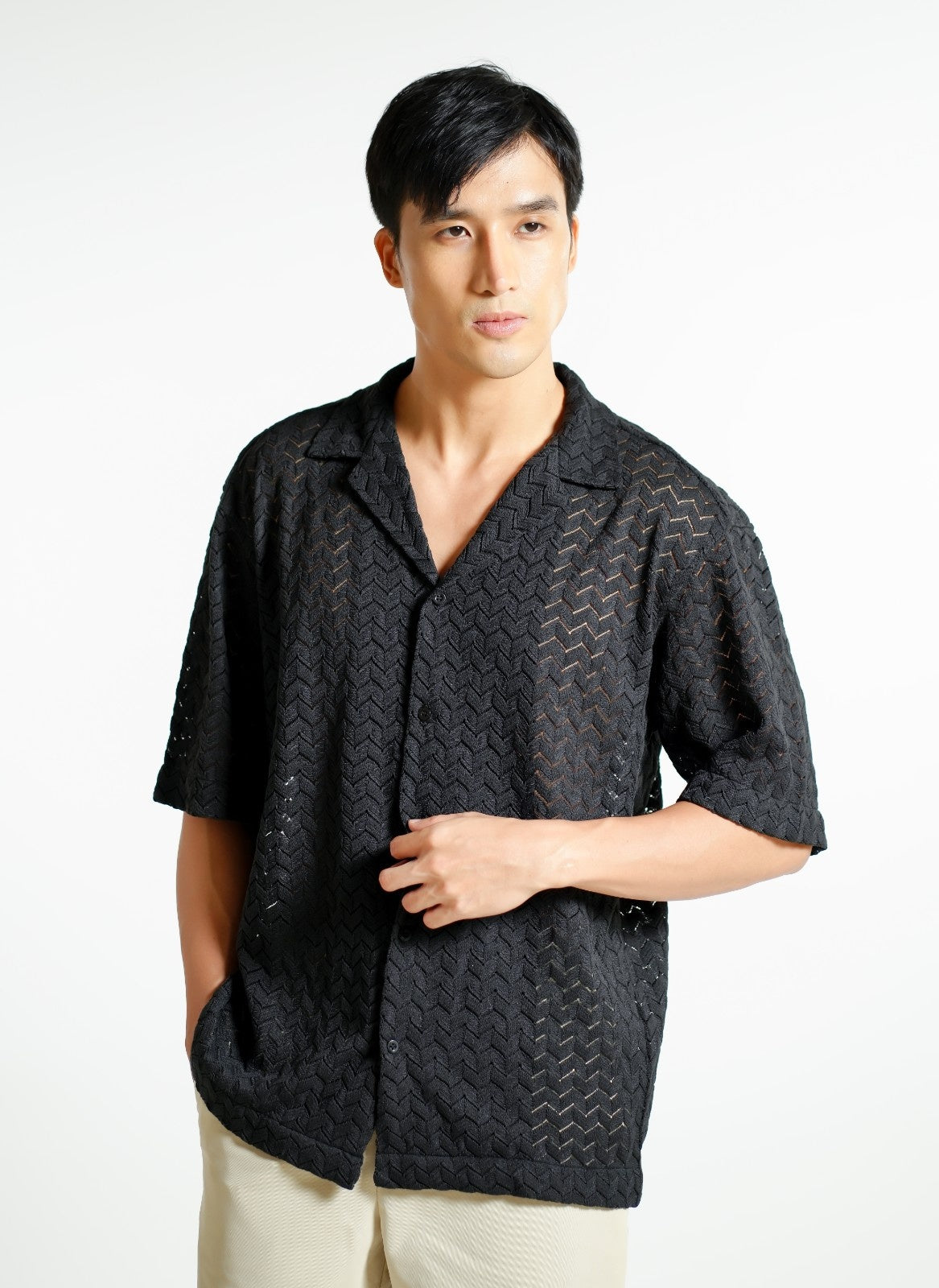 Black Textured Knit Open-Collar Polo