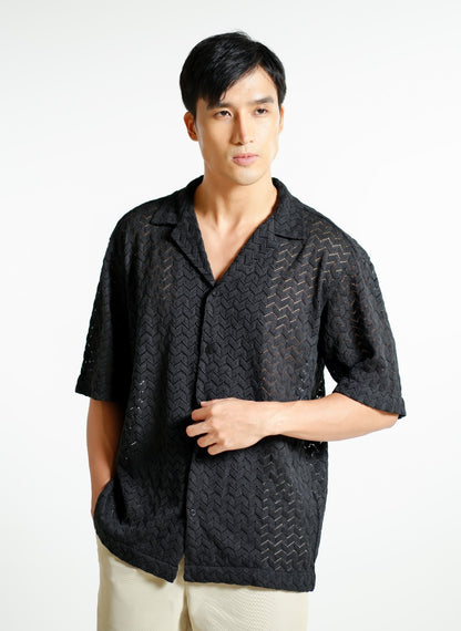 Black Textured Knit Open-Collar Polo