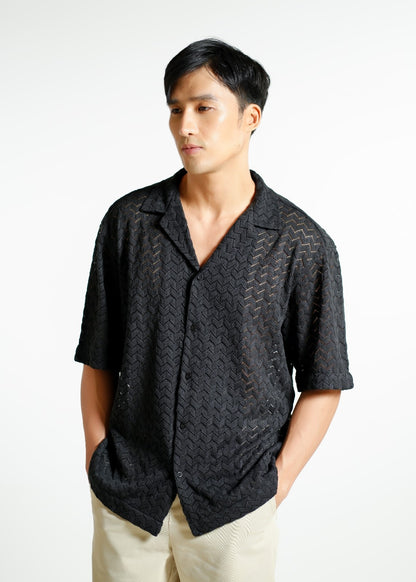 Black Textured Knit Open-Collar Polo