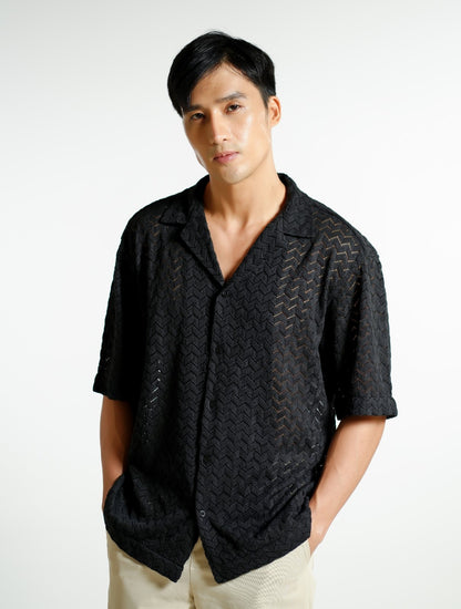 Black Textured Knit Open-Collar Polo
