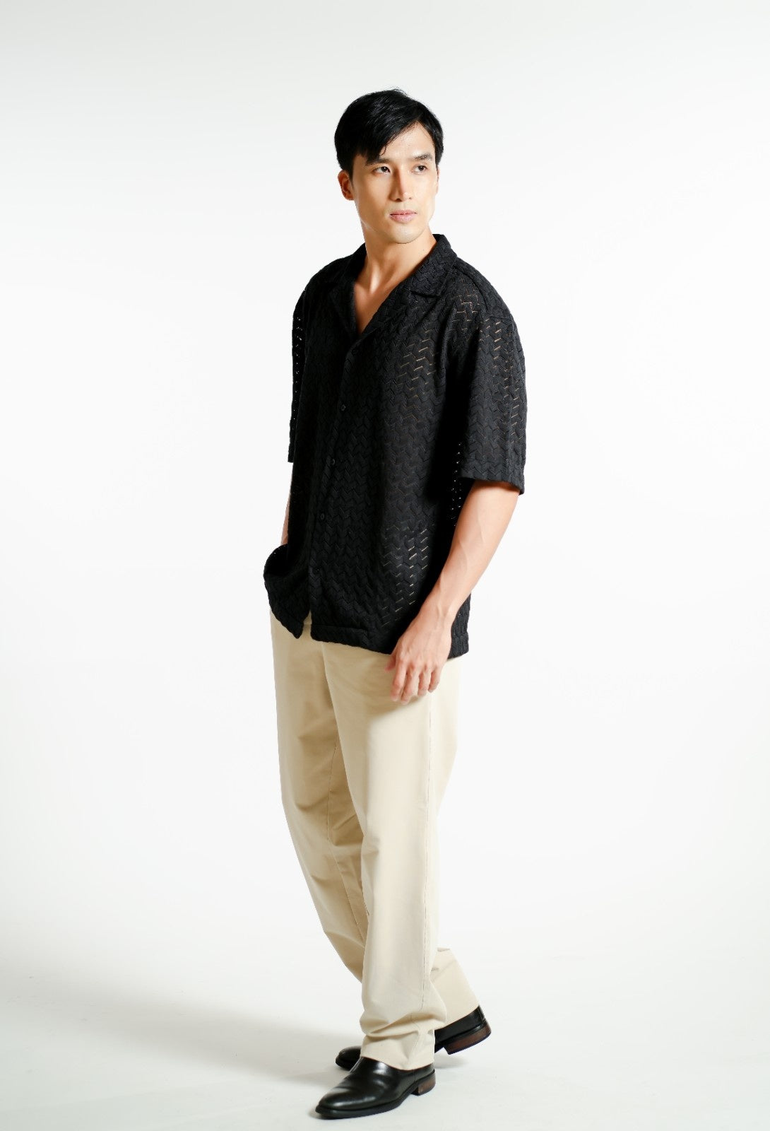 Black Textured Knit Open-Collar Polo