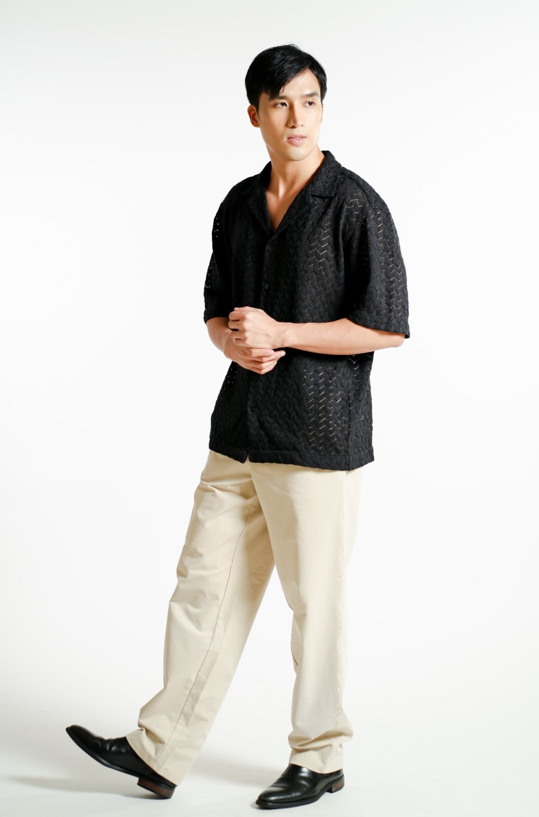 Black Textured Knit Open-Collar Polo