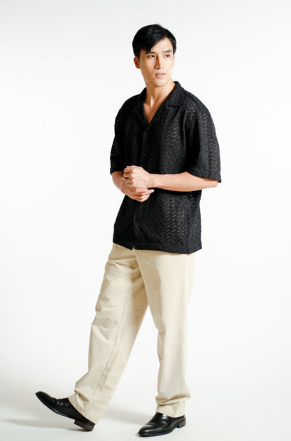 Black Textured Knit Open-Collar Polo