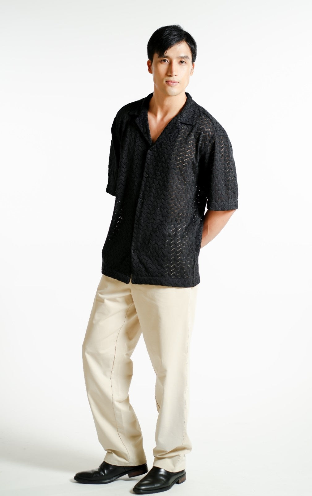 Black Textured Knit Open-Collar Polo