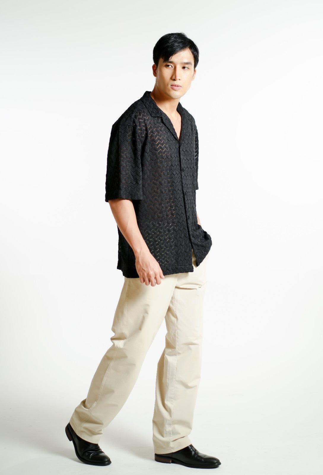 Black Textured Knit Open-Collar Polo