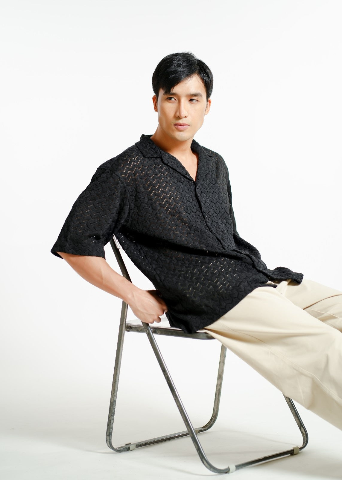 Black Textured Knit Open-Collar Polo