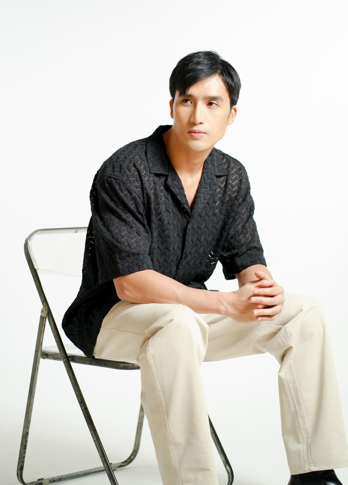 Black Textured Knit Open-Collar Polo