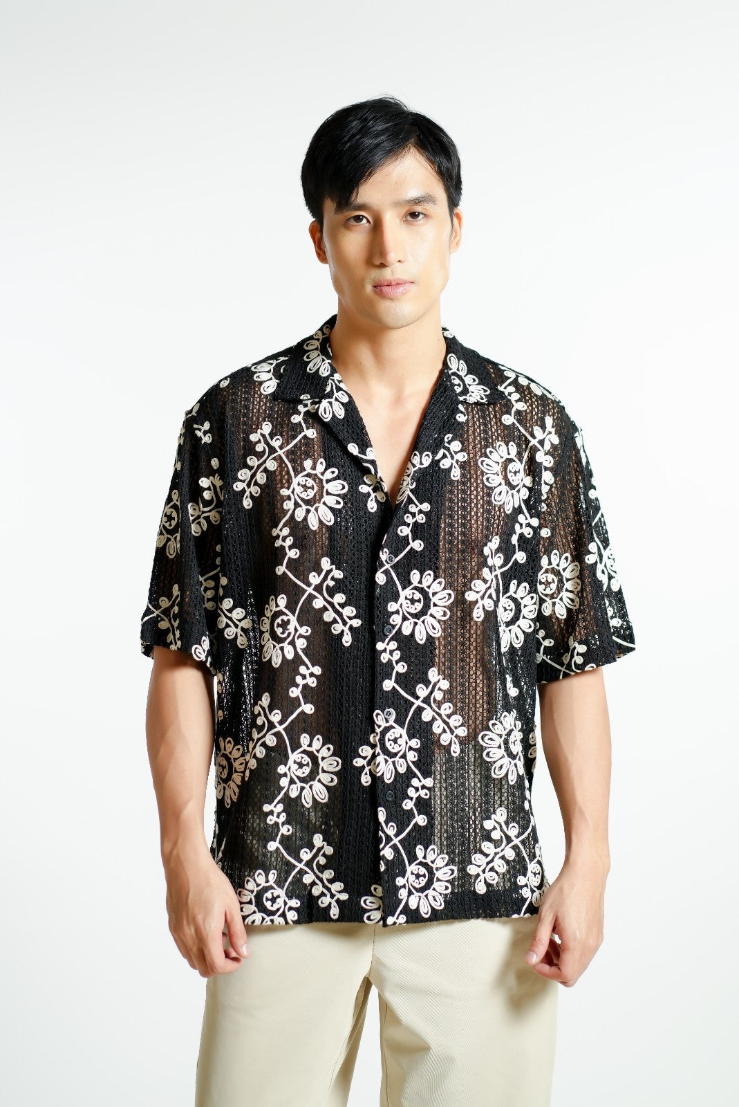 Black Embroidered Mesh Open-Collar Polo