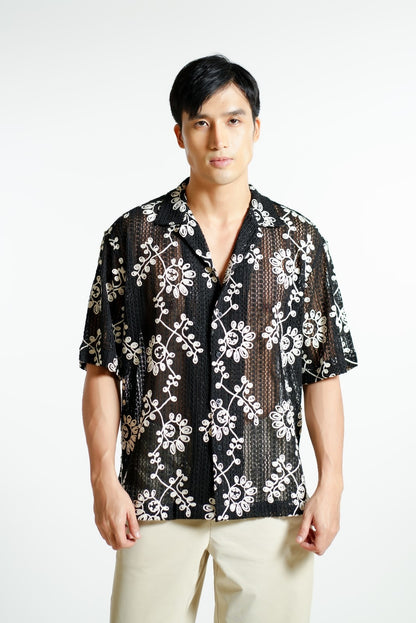 Black Embroidered Mesh Open-Collar Polo