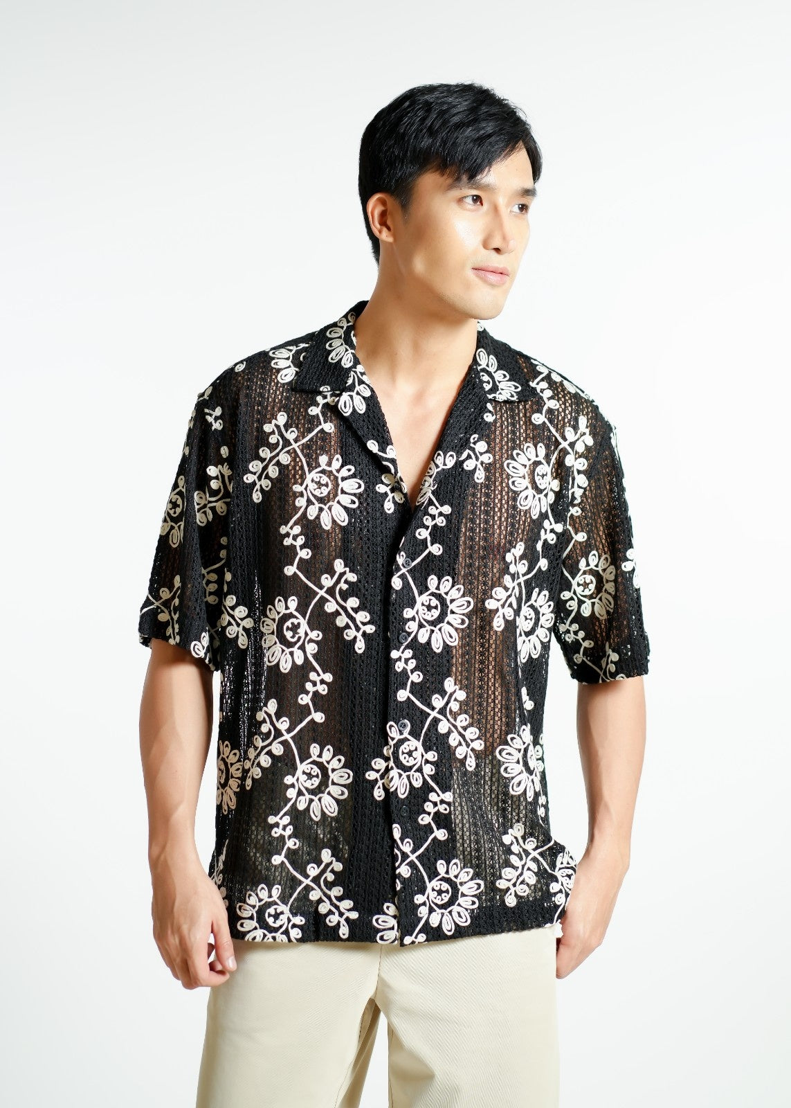 Black Embroidered Mesh Open-Collar Polo