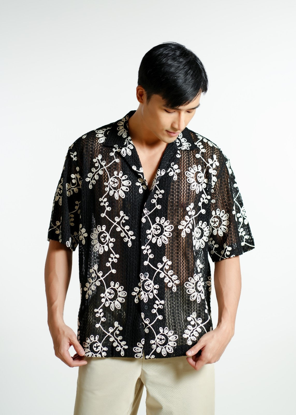 Black Embroidered Mesh Open-Collar Polo